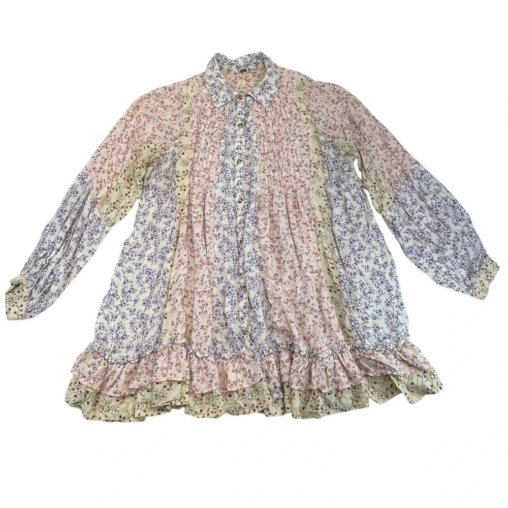 Free People Mini Dress Womens M Multicolor Floral Patchwork Boho Babydoll Ruffle